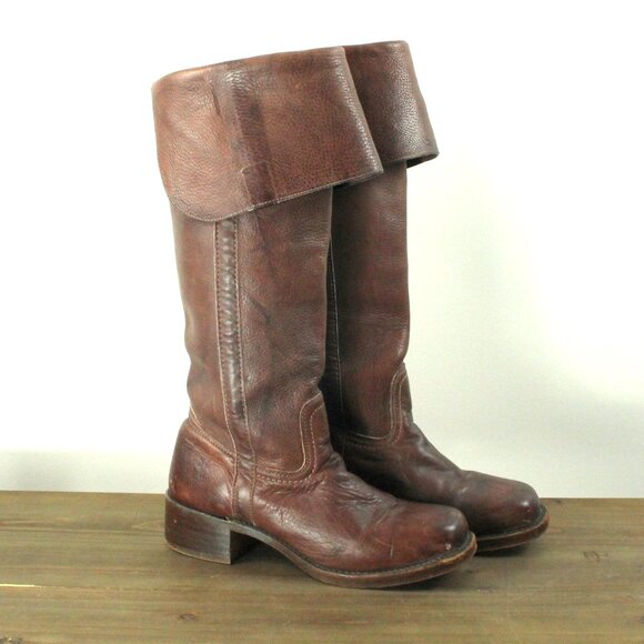 VTG Frye Brown Distressed Leather Over The Knee Campus Square Toe Boots Size 9 - Picture 1 of 8